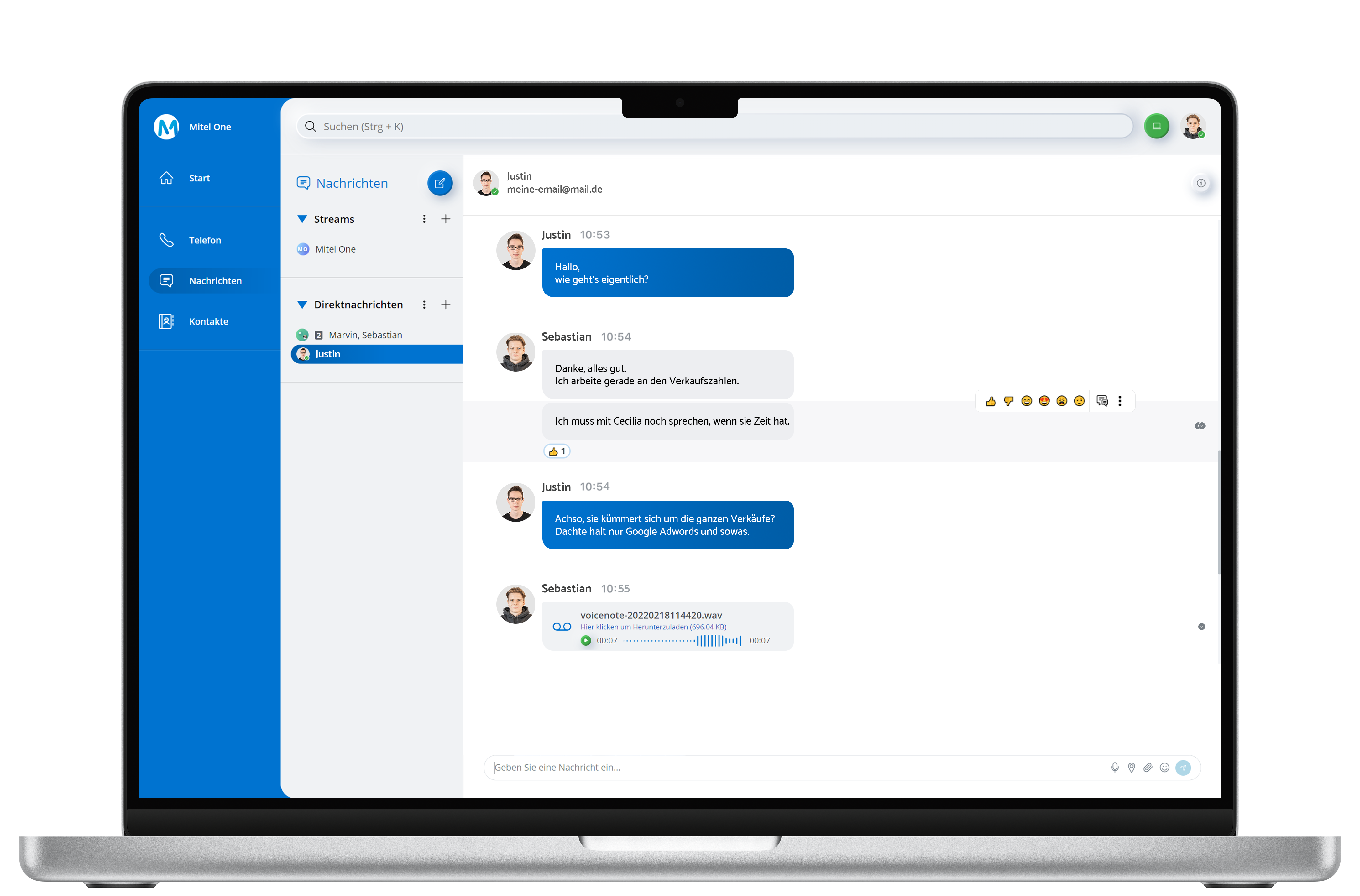 Reaktionen und Sprachnachrichten in Mitel ONE (MacBook)
